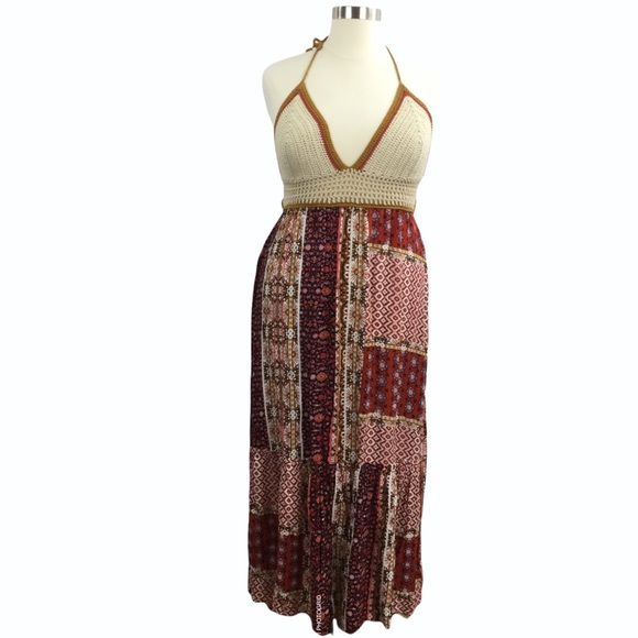 Boho Patchwork Crochet Halter Top Tie Maxi Dress - Picture 10 of 11